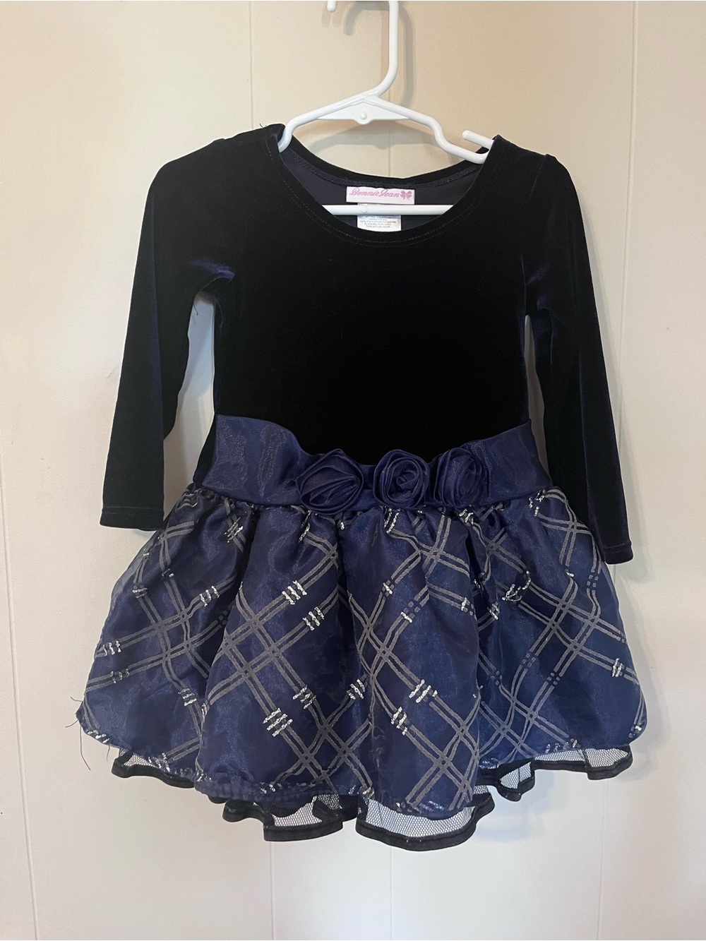 Bonnie Jean Toddler Velvet Dress in Navy Blue with Rosette Accent